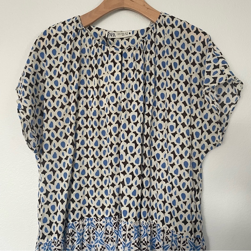 ZARA Dress Womens XL Brown Blue Patchwork Tiered Long Flowy Bohemian Cotton NWT - Picture 6 of 13